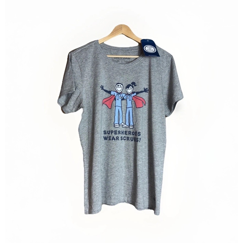 Life Is Good Womans Crusher Tee Size L Graphic Superheroes Wear Scrubs Doc Nurse